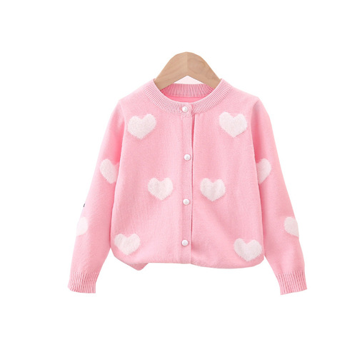 Factory Wholesale Girls' Wool Knit Cardigan 24 Spring New Baby Mink Heart Embroidered Core Yarn Sweater