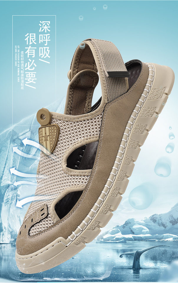 Giày sandal nam thân lưới dệt thoáng khí khoét lỗ, khóa dán, kiểu bao đầu, đi học và đi chơi mùa hè — Màu kaki, màu đen chi tiết 1