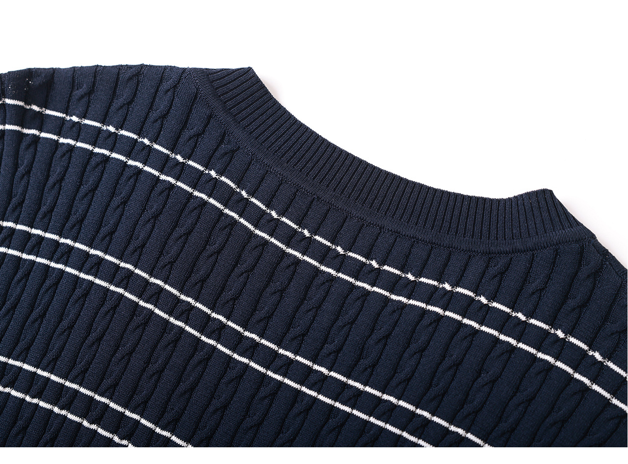 Áo thun dệt kim tay ngắn cổ tròn họa tiết sọc vintage nữ — màu xanh navy chi tiết 31
