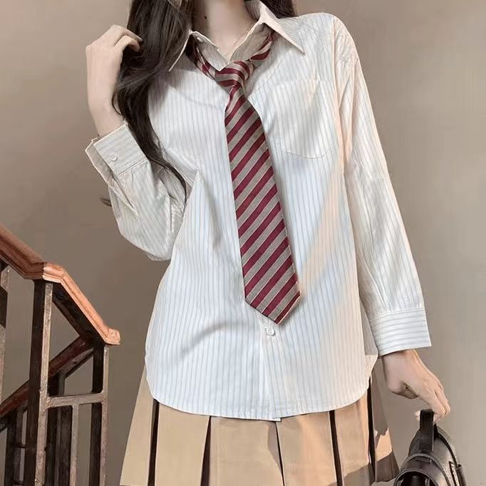 셔츠 탑 스트라이프 긴팔 루즈 슬림 셔츠 다목적 유니폼 정장 셔츠 대학 스타일 루즈 탑