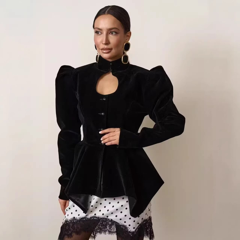European and American Amazon Aliexpress Hot-Selling Fashion Trendy Versatile Puff Sleeve Velvet Jacket with Hollow Chest Design European and American Amazon Aliexpress Hot-Selling Fashion Trendy Versatile Puff Sleeve Velvet Jacket with Hollow Chest Design