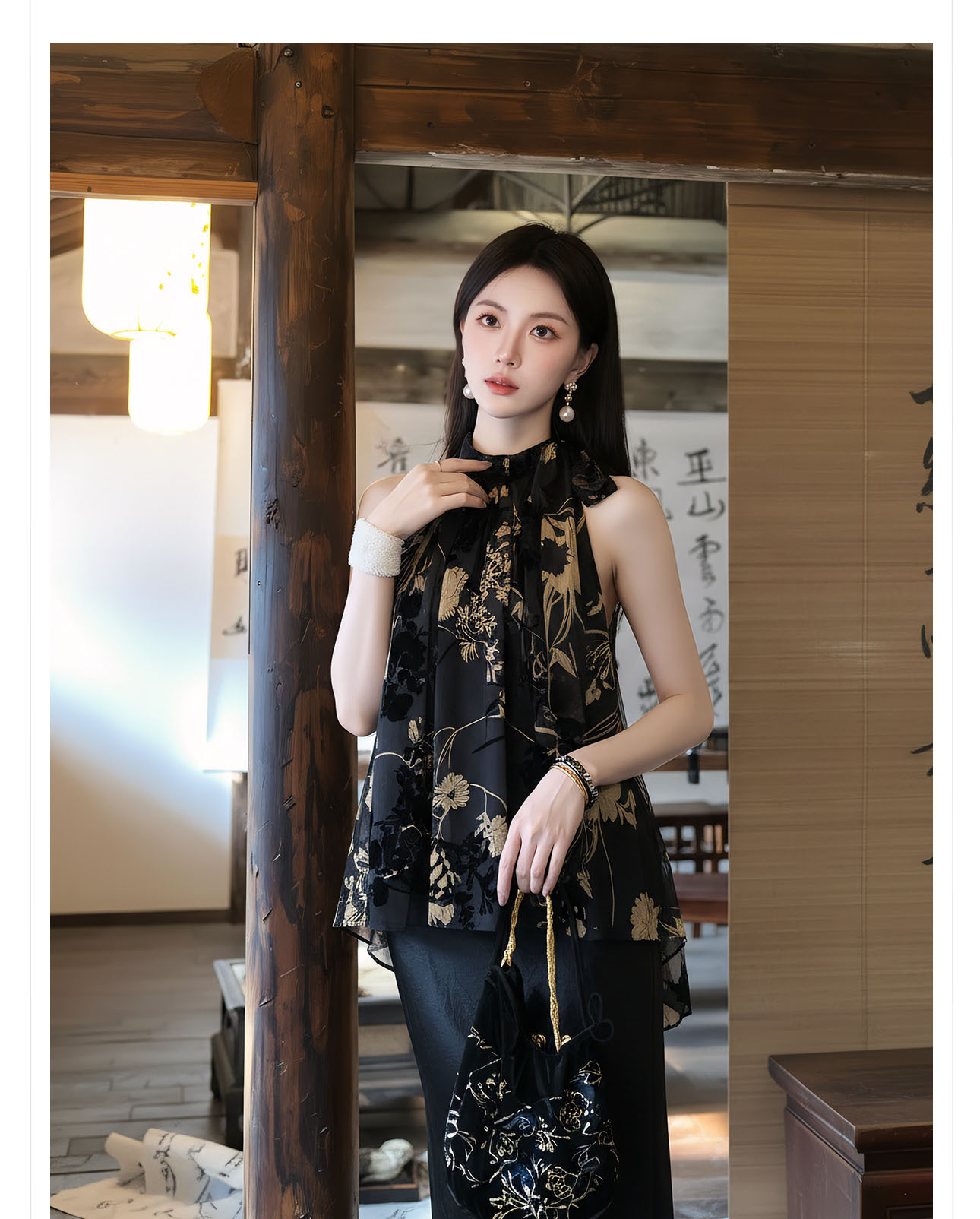 Áo khoác gile không tay cổ lọ phong cách Trung Hoa mới, chất liệu nhung in hoa — Xanh lục, Đen huyền, Vàng lụa chi tiết 10