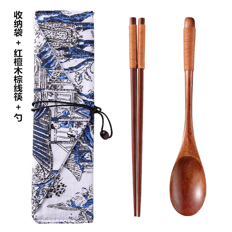 ホット販売箸パーソナルシングルポータブルボックス無垢材旅行箸学生食器ポータブル箸とスプーン 3 点セット|undefined