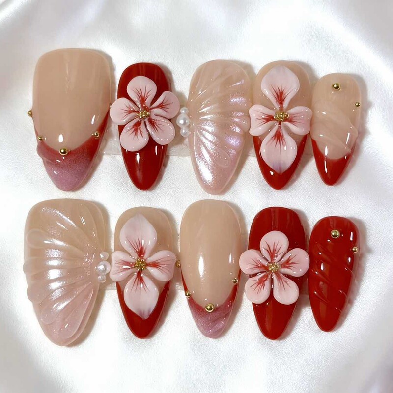 Cross-Border Hot-Selling Product: Whitening Red Nude Gradient Wearable Nails with 3D Cherry Blossom, Pearl, and Butterfly Designs, Handmade Almond Nails, Large Quantity, Excellent Price