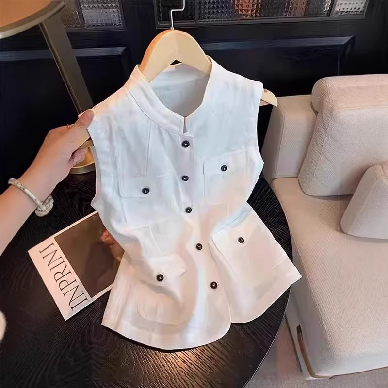 New European-Style White Stand-Up Collar Sleeveless Vest for Women Summer 2025 New Style Light and Mature Outer Vest Top