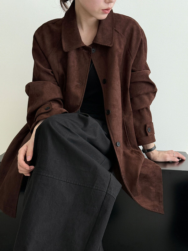 NS经典复古韩系麂皮翻领宽松中长款夹克女秋季新款单排扣外套8527|undefined