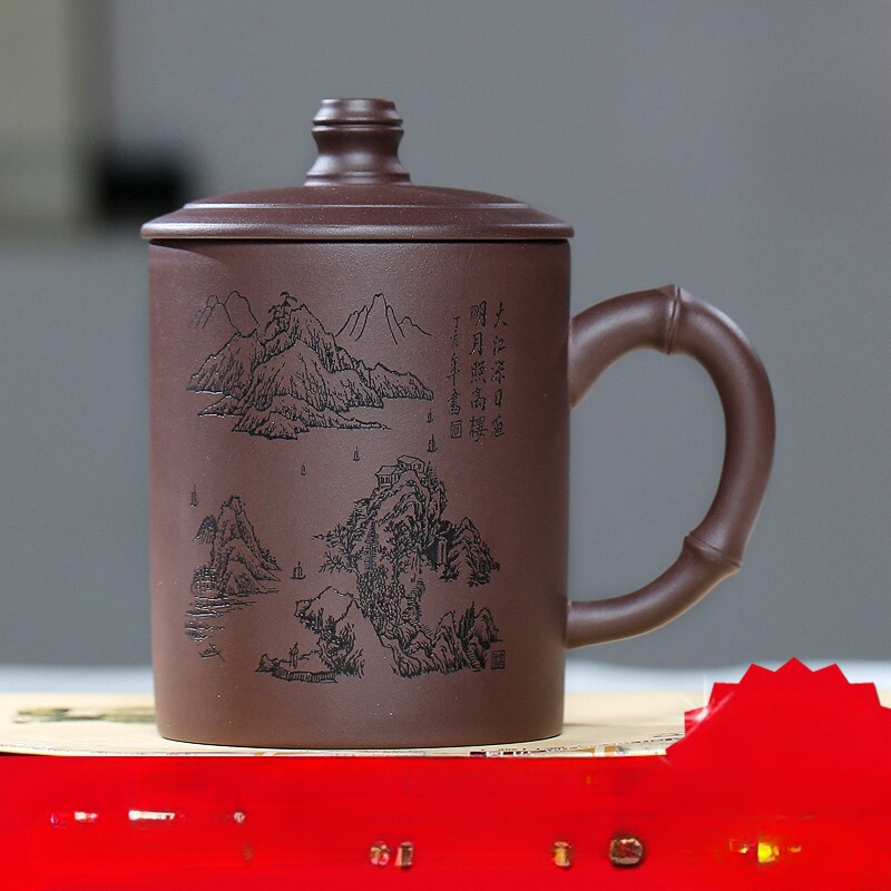 宜兴原矿紫砂杯纯手工大容量茶杯男士保温杯子带盖家用定 制刻字