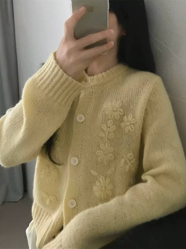 韩代宋慧乔同款手钩花朵毛衣外套女2025秋冬软糯针织开衫上衣1161|undefined