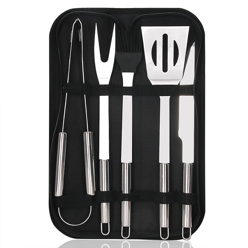 Amazon venta caliente de acero inoxidable herramientas de barbacoa al aire libre bolsa de tela BBQ grill horquilla de horquilla caja de aluminio conjunto de combinación