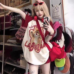 [大码纯棉可爱猫咪印花短袖T恤女夏季宽松美式休闲oversize上衣潮]