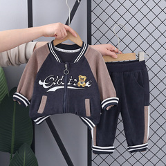 外貿兒童春秋套裝2024新款帥氣男童帥氣0--5歲木棉絨英文小熊套裝