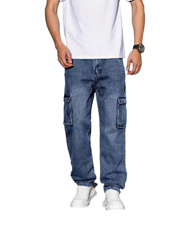 American-style street cool retro multi-pocket work jeans for spring and autumn, loose straight-leg casual pants