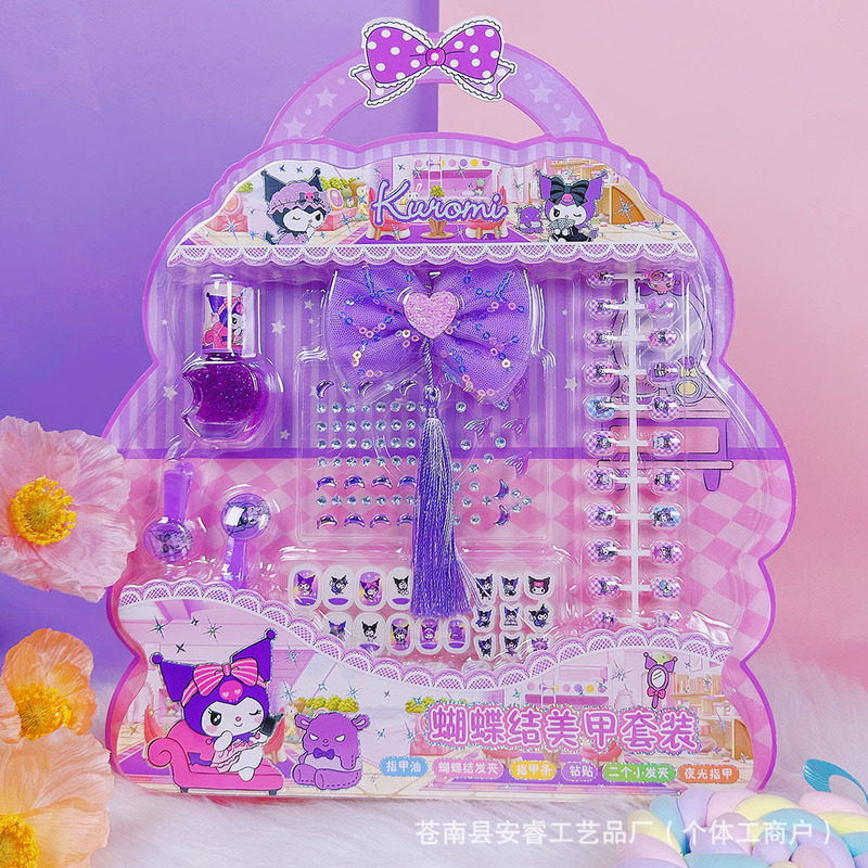 Children's Cartoon Sanrio Kuromi Nail Rings Gemstone Ancient Style Pendant Fake Nail Set Stickers Planner