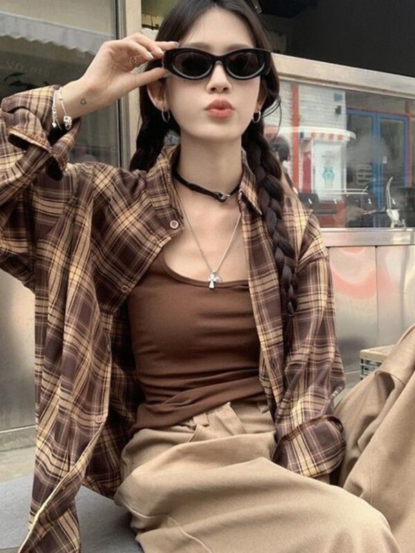 美式复古咖色格子长袖衬衫女秋季美拉德穿搭休闲开衫格纹衬衣外套|undefined