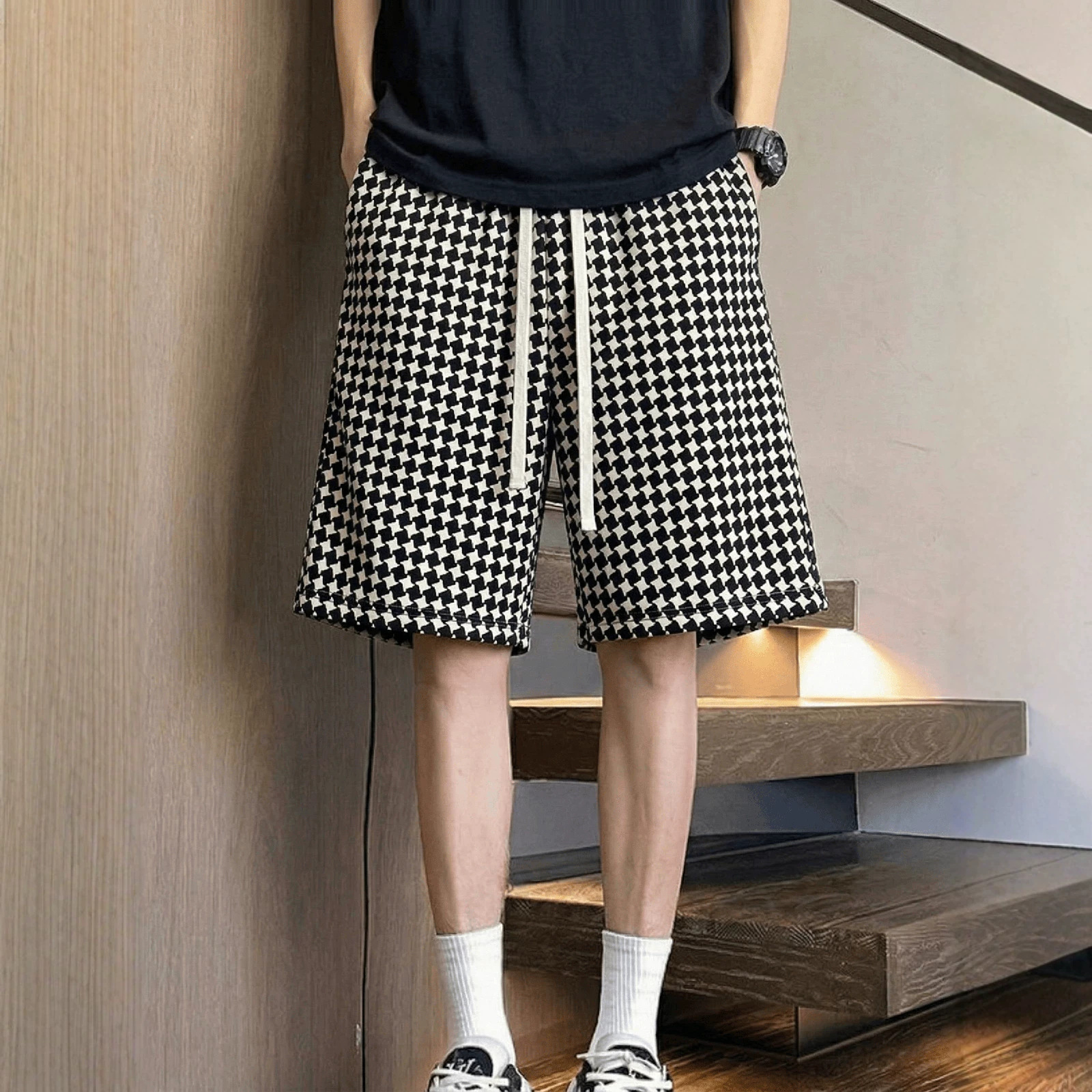 Men's Fashion Houndstooth Print Summer Shorts Casual High Street Loose Fit Five Point Leg Pants Trendy Retro Loungewear_viptrois.com