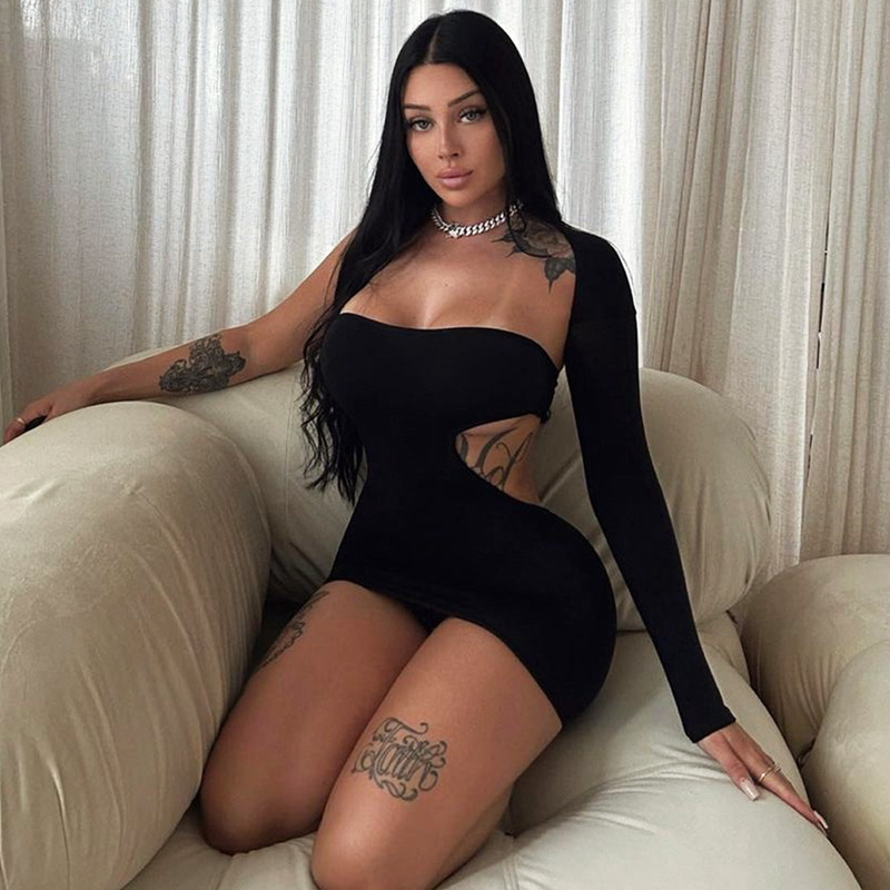 2023秋季跨境新品纯色性感镂空露背超短连衣裙电商货源一件代发