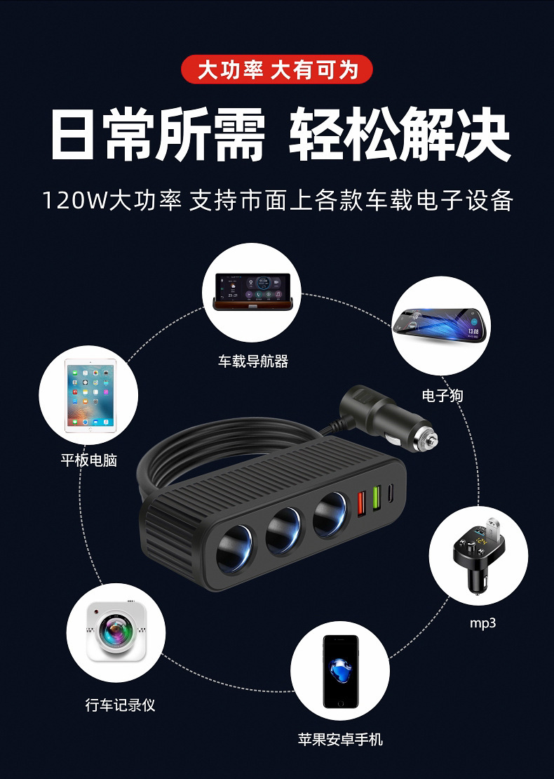 Car One-To-Three Cigarette Lighter Power Distributor Dual USB Multi-Function Typec Car Cigarette Lighter Car Charger Fast Charging