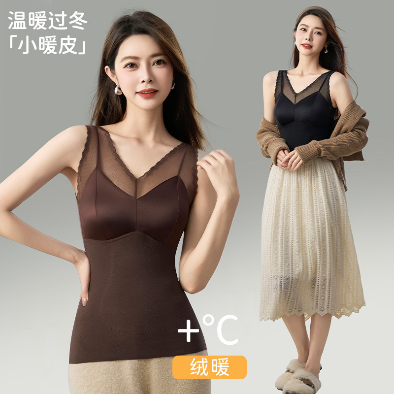 Otoño y invierno satén seda parche chaleco caliente de cuello en V para mujeres con cojín de pecho en una camiseta de estómago cerrada camiseta superior