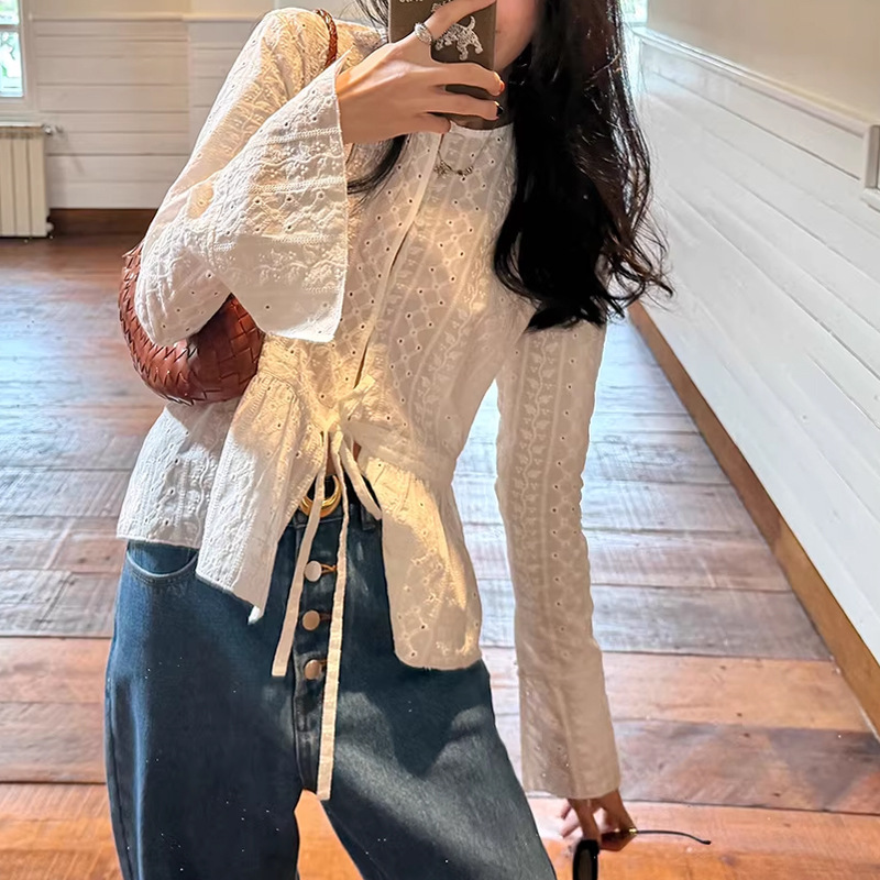 In-Stock Romantic Holiday French-Style Fully Hollowed-Out Embroidered Lace-Up Bell-Sleeve Spring/Summer White Knit Cardigan