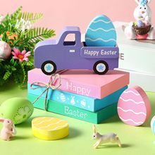 亚马逊热销复活节木制餐桌卡车摆件农舍家居木质书堆分层托盘装饰