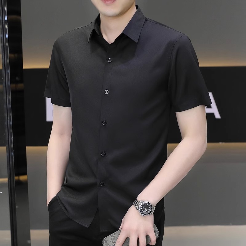 아이스 실크 블랙 셔츠 남성용 반팔 여름 얇은 스트레치 셔츠 남성 비 다림질 비즈니스 캐주얼 크록 셔츠