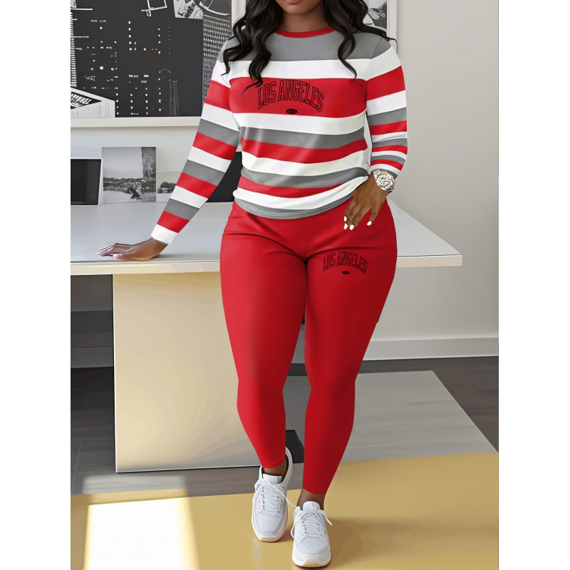 欧美跨境女装亚马逊圆领长袖长裤字母图案3d印花热卖两件套