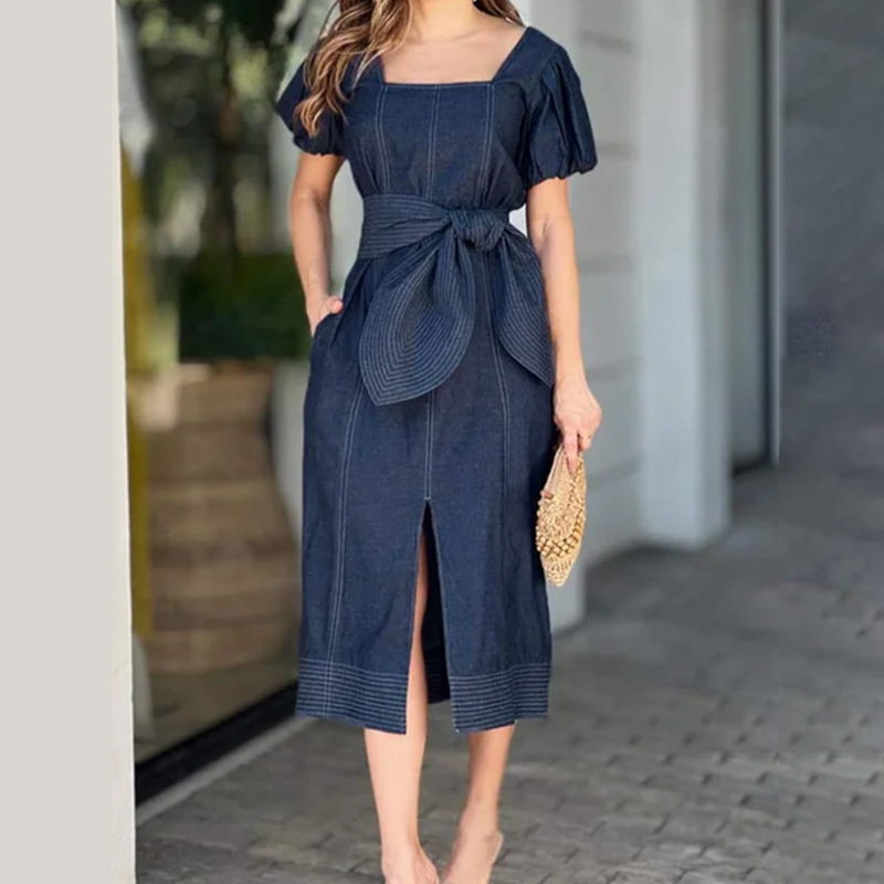 Clearance Sale: High-Difficulty Fashion Product - European and American Style Denim Dress with Tassels, Patchwork, Over-The-Knee Long Skirt, Women's Waist-Cinching Dress
