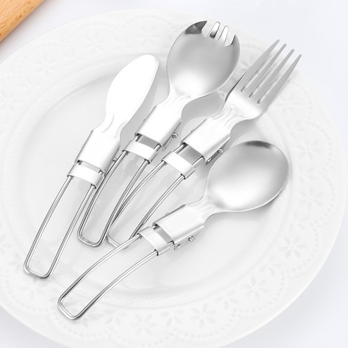Stainless steel foldable tableware, outdoor portable steel wire knife and fork, round spoon, salad spoon, detachable chopsticks, telescopic straw