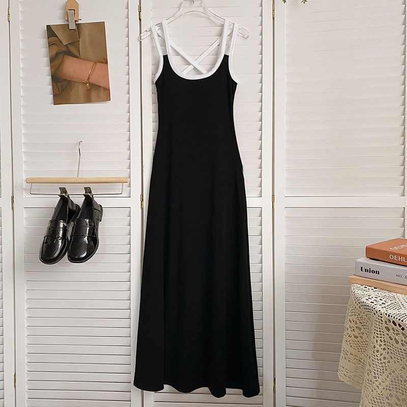 콘트라스트 더블 숄더 벨트 조끼 원피스 여자 봄 새 한국식 슬림핏 슬리밍 가슴 패드와 함께 올매치 롱 원피스