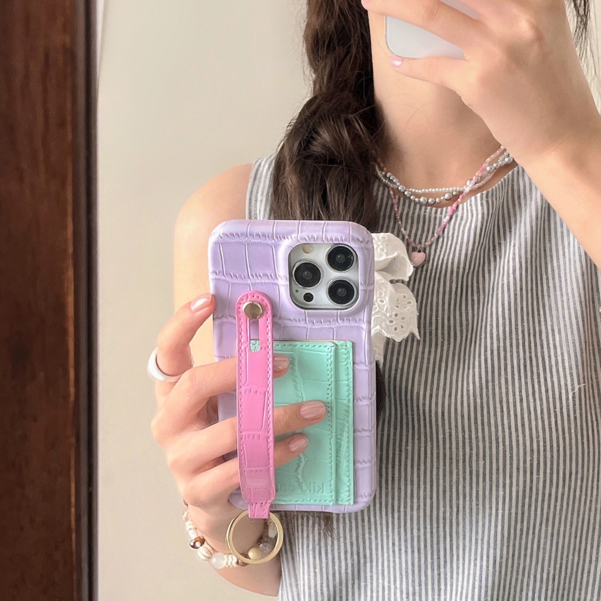 Bolso de tarjeta con estampado de cuero en contraste para niña ins para estuche para teléfono móvil iPhone16ProMax 12 Apple 13/14PM femenino 15