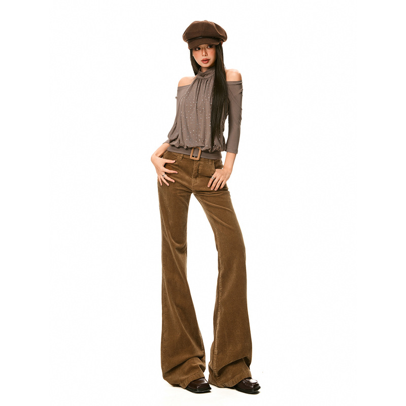 25Th Ootd! American Retro｜Corduroy Bootcut Pants for Women Spring New Low-Waist Slim Flared Casual Pants