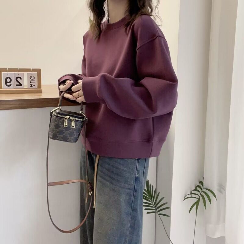 Cotton Maillard 2024 Autumn and Winter European Style Simple Solid Color Design Sweatshirt for Women, Spring and Autumn Loose Versatile Top for Women