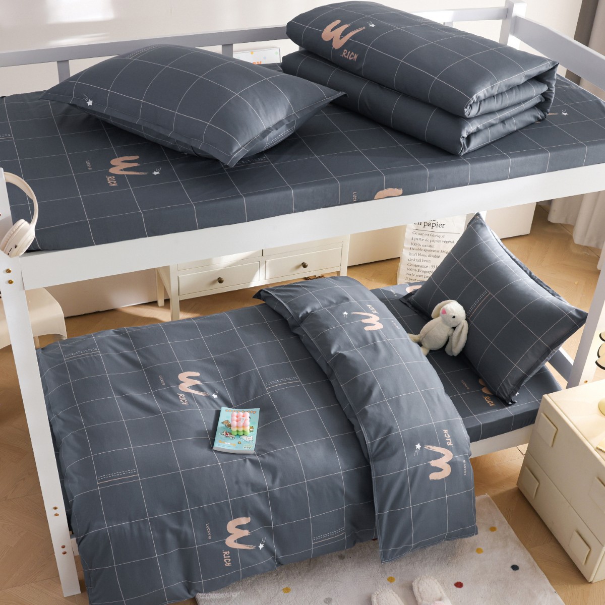 Ropa de cama de dormitorio de estudiantes de tres piezas tipo sábana individual de algodón de algodón universitario, funda de edredón, funda de edredón, juego completo