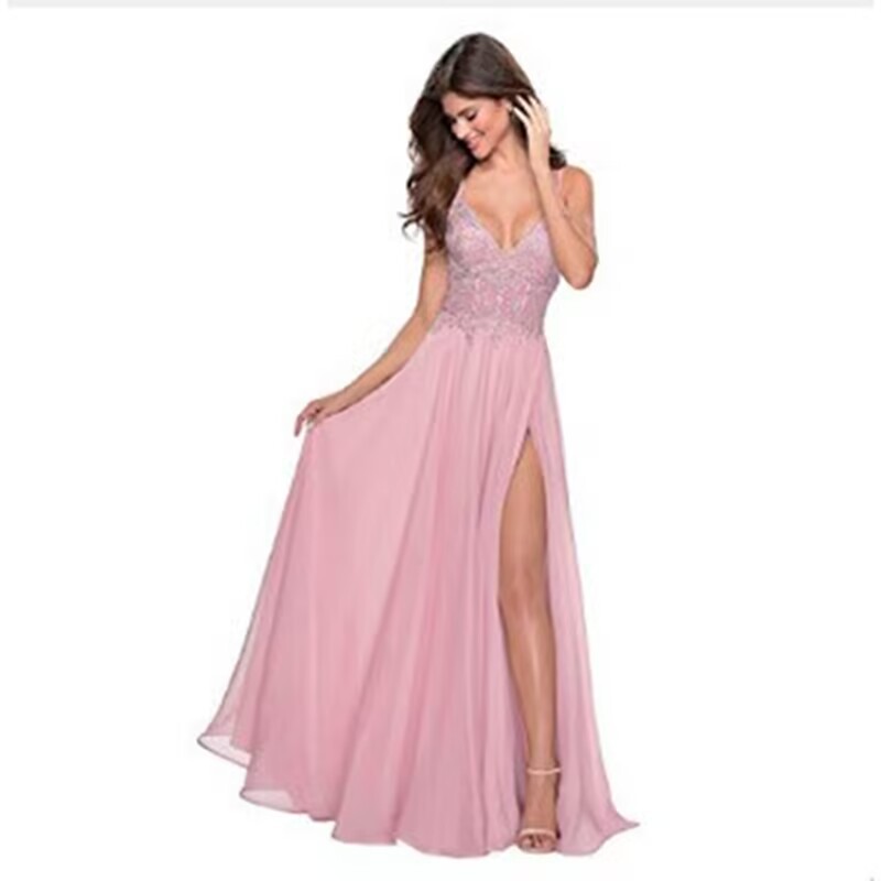 Nuevo vestido de fiesta de gasa con apliques de encaje, tirantes delgados con tirantes abiertos, vestido de noche de banquete sexy