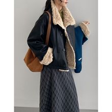 那末复古帅气韩系PU皮羽绒服女羊羔毛拼接皮衣外套白鸭绒C6803