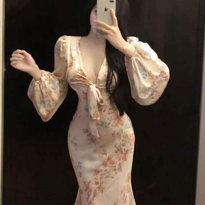 plus size French Romantic Rose Print V-neck Long-sleeved dress Women's Summer High-end Slim-fit Slimming Long Skirt