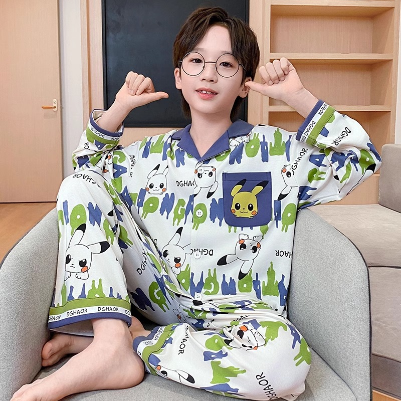 소년 잠옷 면 가을 어린이와 소년 긴 소매 홈 옷 2024 새로운 봄과 가을 큰 아이들 청소년 세트