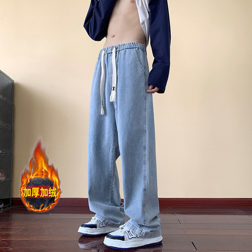 Men's Cozy Fleece Jeans for Autumn/Winter, American Retro Thick Straight Leg Wide Leg Pants, Trendy Brand Compatible