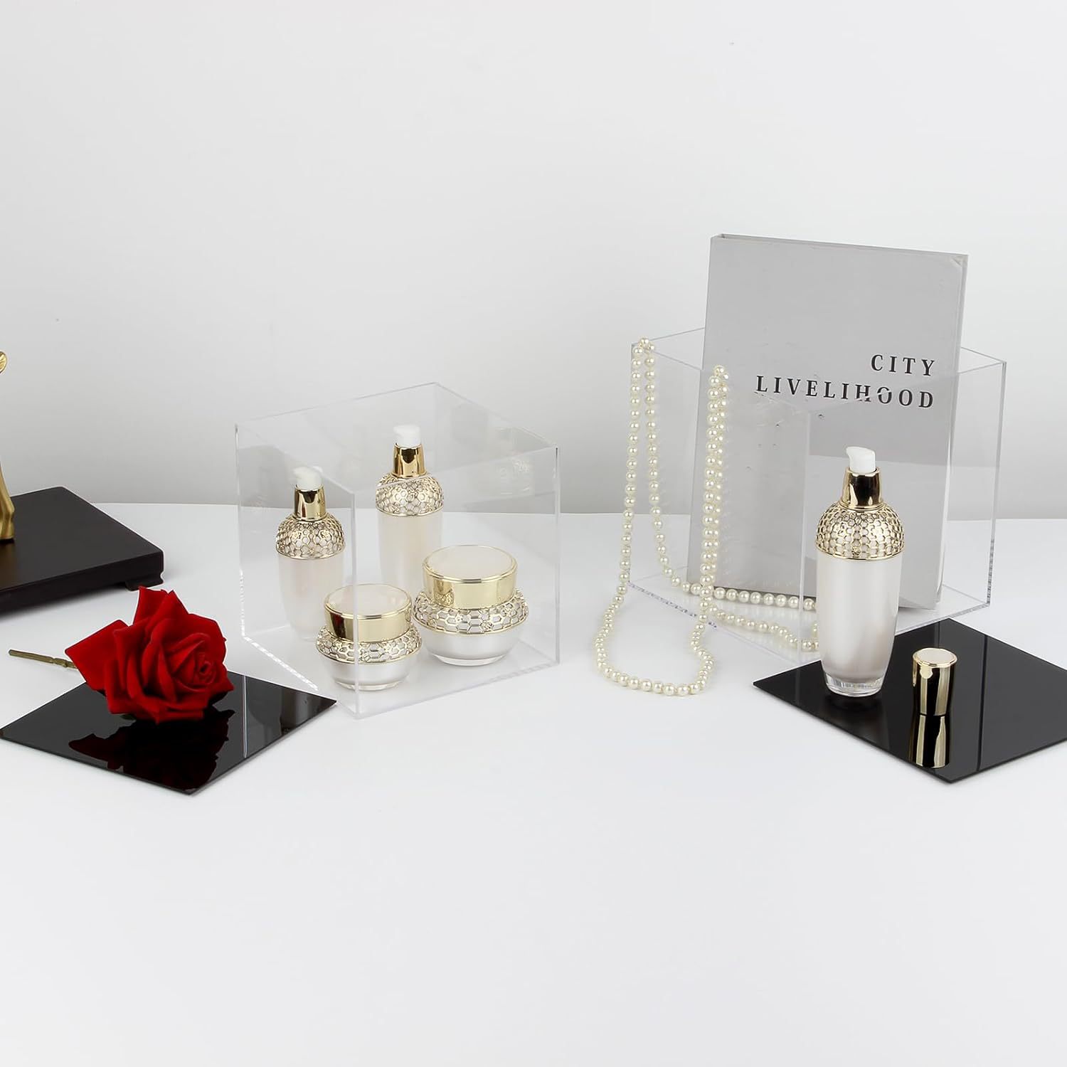 亚克力盒带黑色底座透明亚克力奖杯台面方形亚克力盒立方存储容器