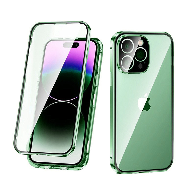 iPhone17用ケース、マグネット式、Apple 16対応、ダブルバックル、両面ガラス保護フィルム、メタル磁気吸着ケース|undefined