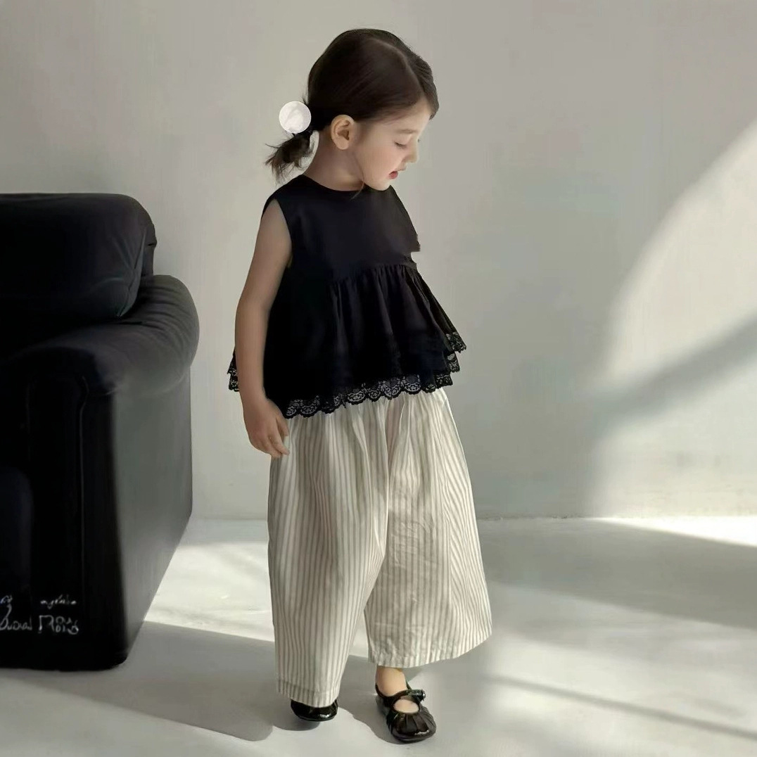 Girls' Suits, Stylish Black Vests, Extended Pants, Summer Girls' Clothing, Fashionable Babydoll Shirts, Sleeveless Lace Upper