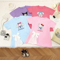 New 2024 Summer Dress for Girls, Cartoon Cute, Short Sleeve, Children's Kuromi Princess with Bow, Girls' Dress