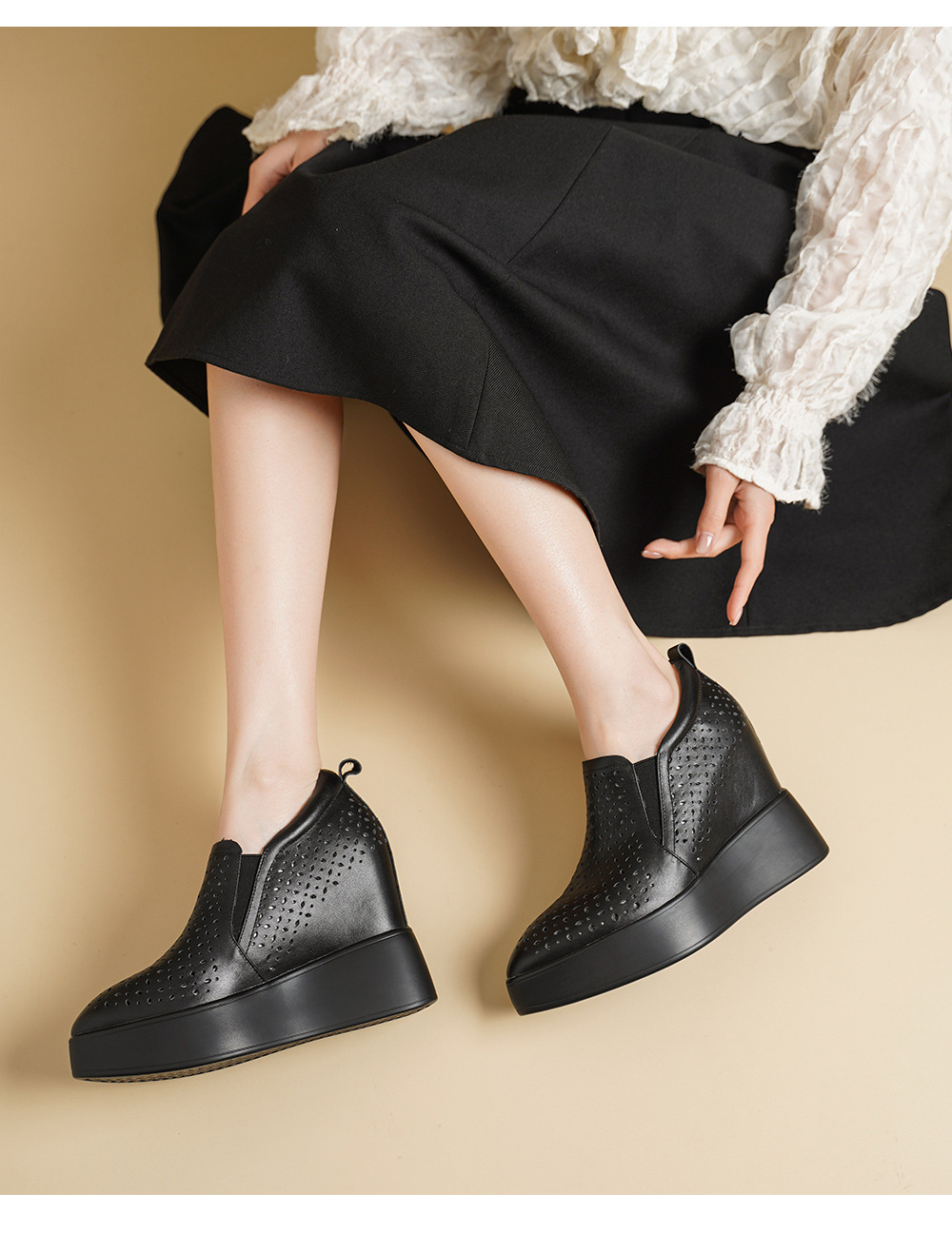 Giày sneaker nữ đế dày tăng chiều cao 12cm, form lười thoáng khí, phong cách trẻ trung — màu đen, màu trắng chi tiết 6