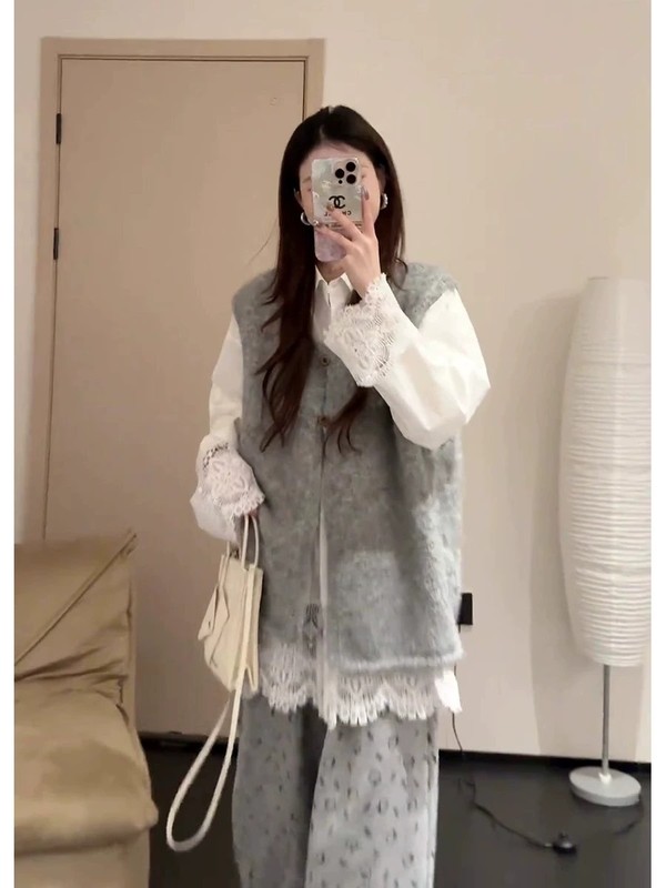 ootd小众不撞款韩系软糯针织马甲蕾丝拼接衬衫猫咪阔腿裤三件套装|undefined