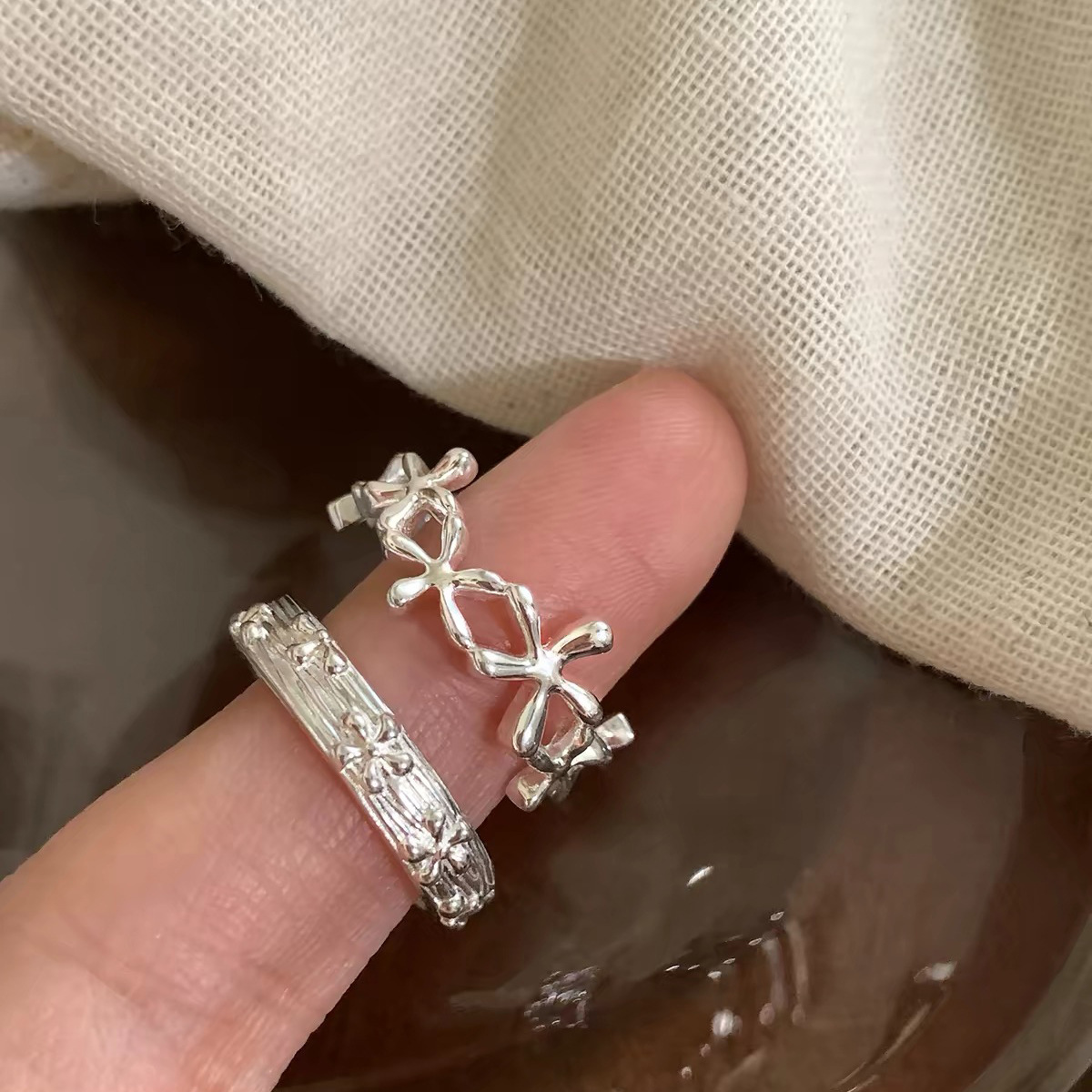 S925 pure silver forest-style irregular flower ring for women, unique, simple, fresh, creative design, hollow ring