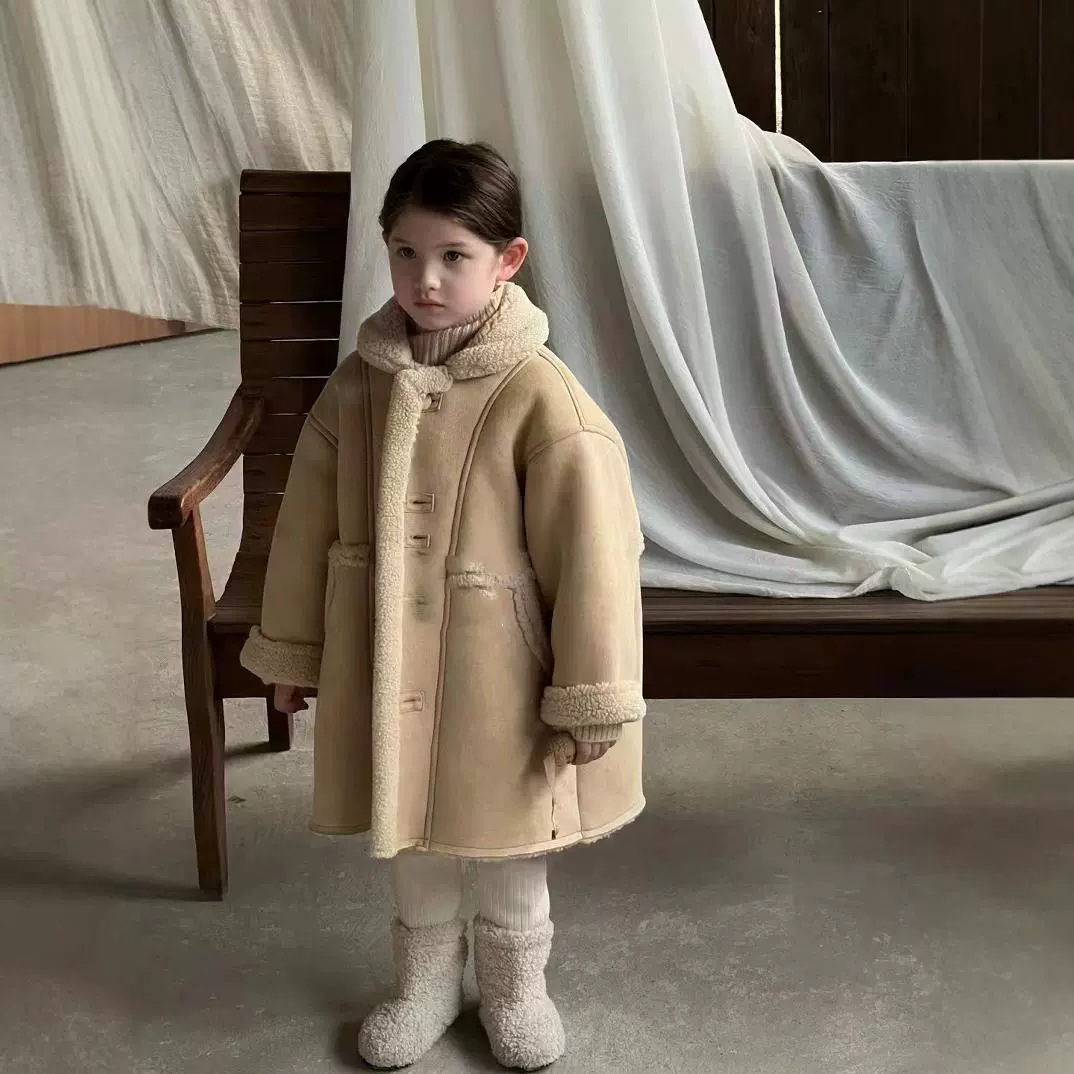 Vêtements pour enfants Manteau pour filles en peau d'agneau épaisse composite en peau de cerf camel manteau chaud vêtements d'extérieur_voghion.com