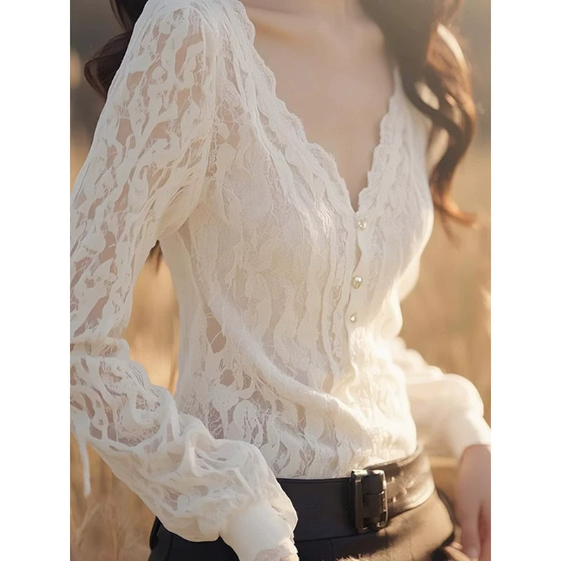 G6N весенняя рубашка во французском стиле, уникальная, шикарная, модная, крутая, доступная, роскошная, высококачественная белая кружевная рубашка с v-образным вырезом для женщин