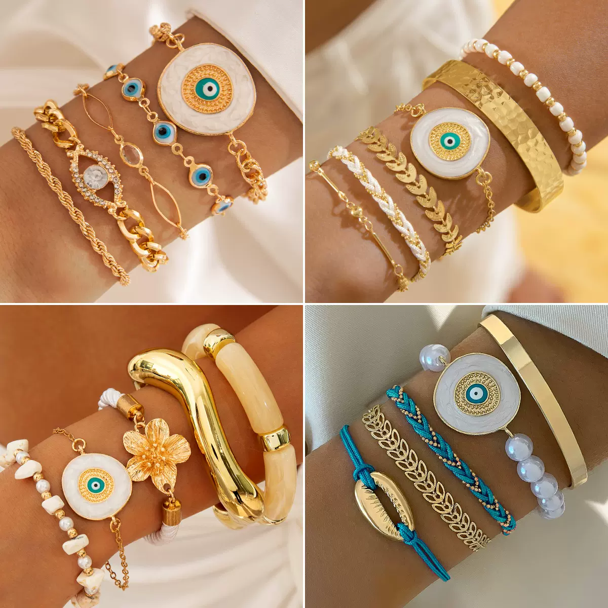 欧美跨境手链波西米亚恶魔之眼手链设计感镶钻滴油夸张手链套装
