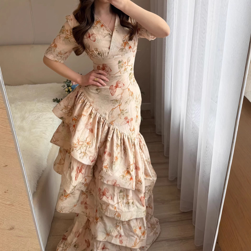 European and American Cross-Border Women's Fashion 2026 Summer New Style Elegant V-Neck Floral Ruffle Slim-Fit Long Fishtail Dress European and American Cross-Border Women's Fashion 2026 Summer New Style Elegant V-Neck Floral Ruffle Slim-Fit Long Fishtail Dress