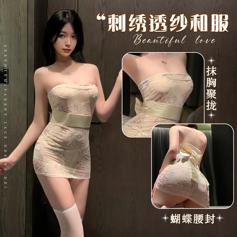 Nightline Fragrance Tube-Bust Embroidered Printed Perspective Kimono New Chinese Classical Sexy Hip dress Pure Desire Uniform